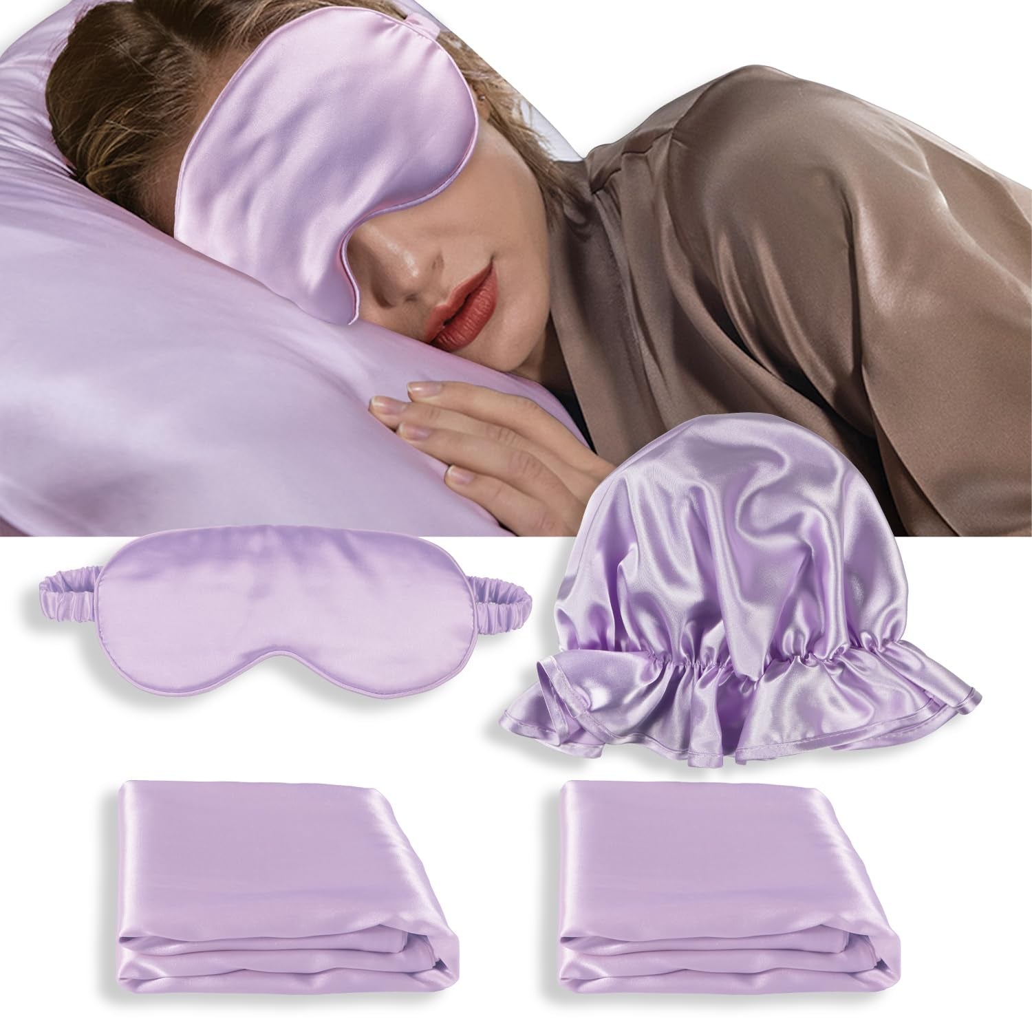 Silk Satin Pillowcase Standard Size Set of 2 for Hair and Skin,Plus Luxury Night Sleeping Hair Bonnet Cap and Soft Lavender Sleep Eye Mask (Light Purple, Standard Size (20"X26"))