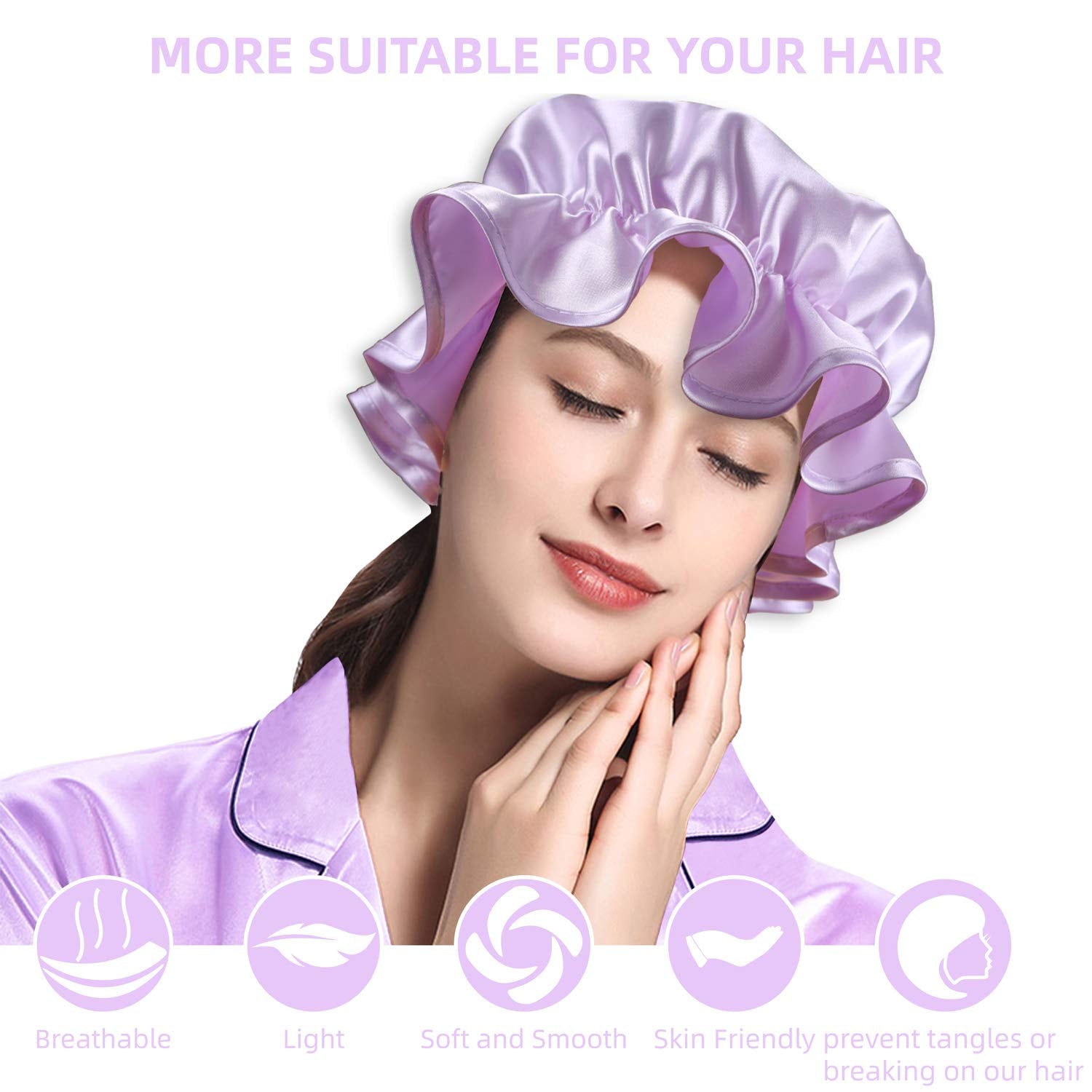 Silk Satin Pillowcase Standard Size Set of 2 for Hair and Skin,Plus Luxury Night Sleeping Hair Bonnet Cap and Soft Lavender Sleep Eye Mask (Light Purple, Standard Size (20"X26"))