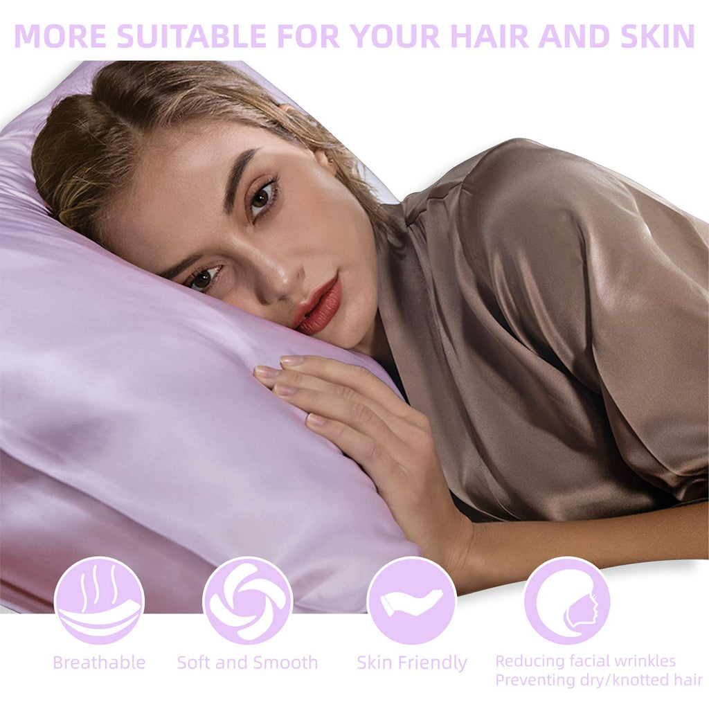 Silk Satin Pillowcase Standard Size Set of 2 for Hair and Skin,Plus Luxury Night Sleeping Hair Bonnet Cap and Soft Lavender Sleep Eye Mask (Light Purple, Standard Size (20"X26"))