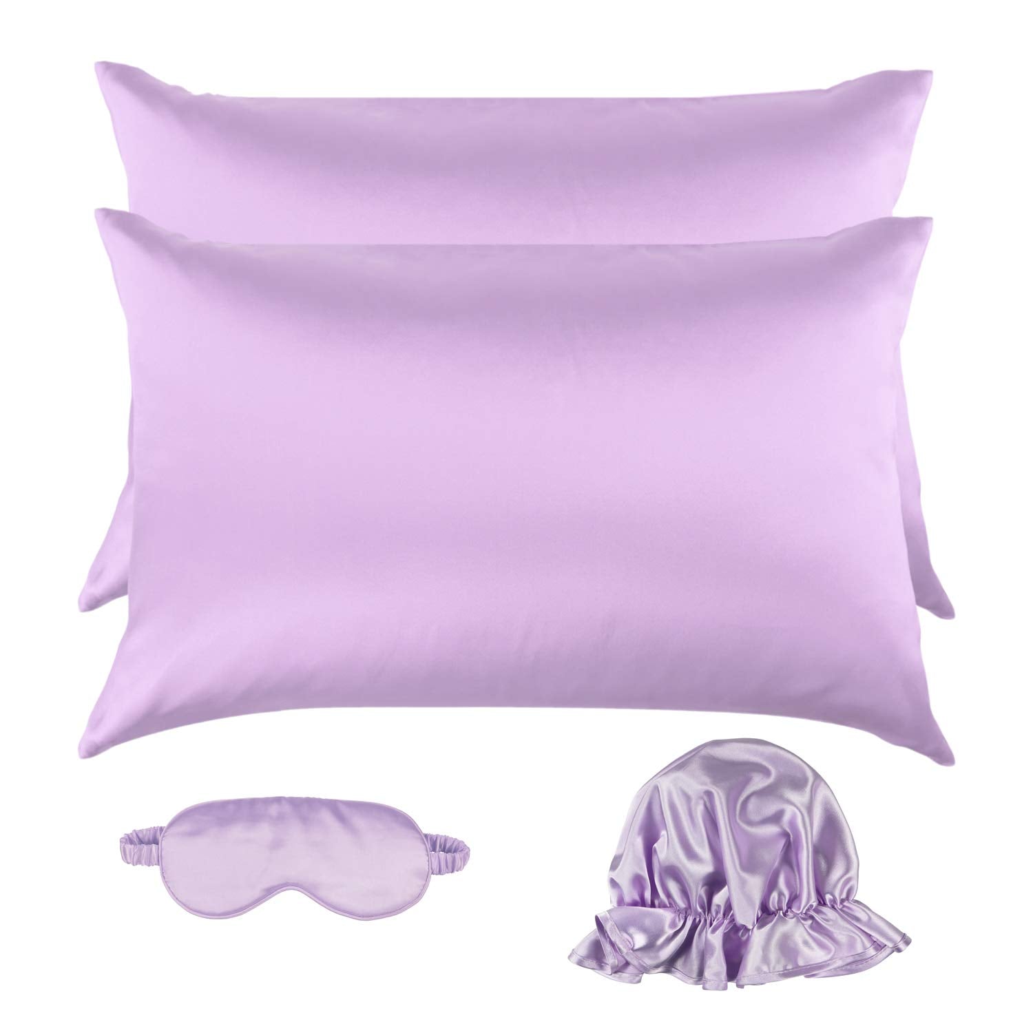 Silk Satin Pillowcase Standard Size Set of 2 for Hair and Skin,Plus Luxury Night Sleeping Hair Bonnet Cap and Soft Lavender Sleep Eye Mask (Light Purple, Standard Size (20"X26"))
