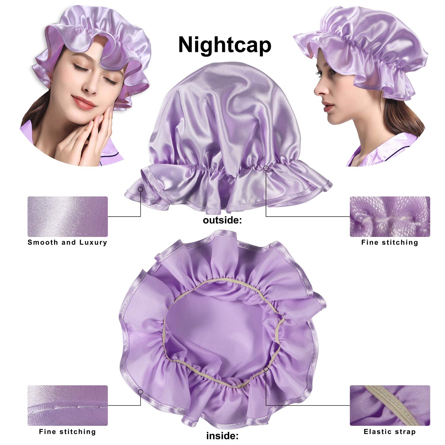 Silk Satin Pillowcase Standard Size Set of 2 for Hair and Skin,Plus Luxury Night Sleeping Hair Bonnet Cap and Soft Lavender Sleep Eye Mask (Light Purple, Standard Size (20"X26"))